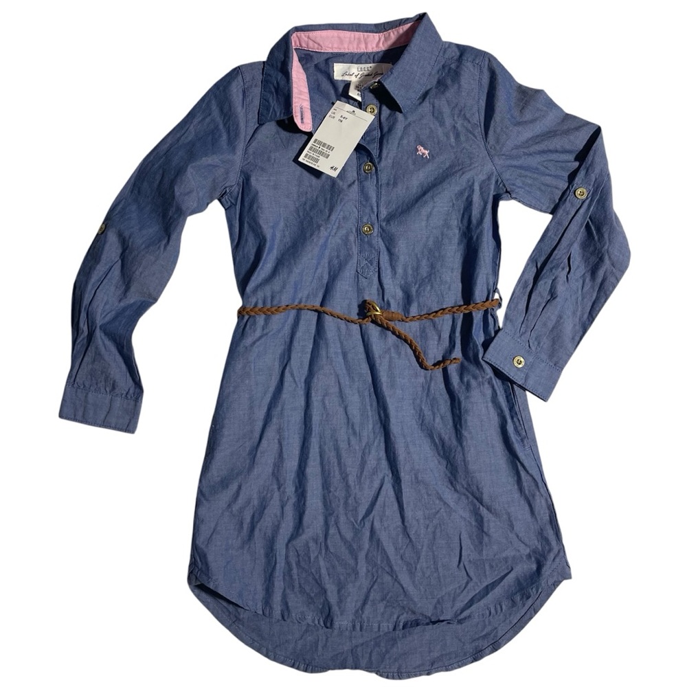 H&M L.O.G.G. Chambray Tunic Dress with Brown Braided Belt Girls 6
